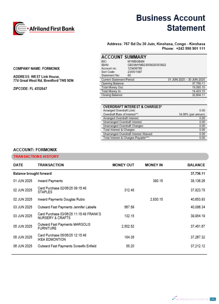 Congo Afriland First Bank business firm account bank statement Word and PDF format